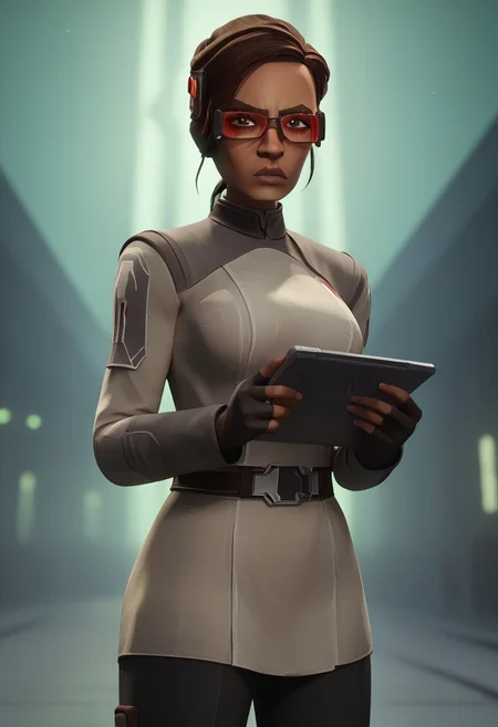 score_9, score_8_up, score_7_up, High quality, high detail, solo, perfect eyes, perfect lips, masterpiece, best quality, dynamic lighting, dark-skinned woman,
emeriekarr, brown eyes, grey uniform, black gloves, black pants, black boots, standing at attention, looking at viewer, stern, cowboy shot, on a Star Wars city street background, bokeh background,concentrated, holding a tablet,red-tinted goggles, half profile ,3d style