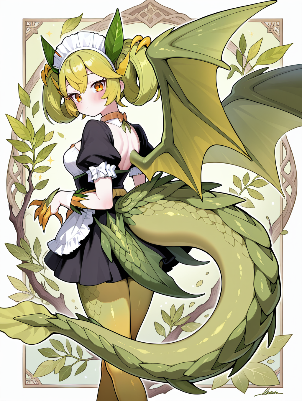 parlor dragonmaid, dragon girl, solo, 1girl, looking at viewer, signature, closed mouth, blush, from behind, standing, looking back, claws, plant, white detached collar, black maid costume, white maid headdress, leaf, transformation, dragon hands, green dragon wings, from side, green background, dragon feet,
masterpiece,best quality,amazing quality,very aesthetic,absurdres,newest,<lora:parlor dragonmaid illuXL v1.1:0.74>,