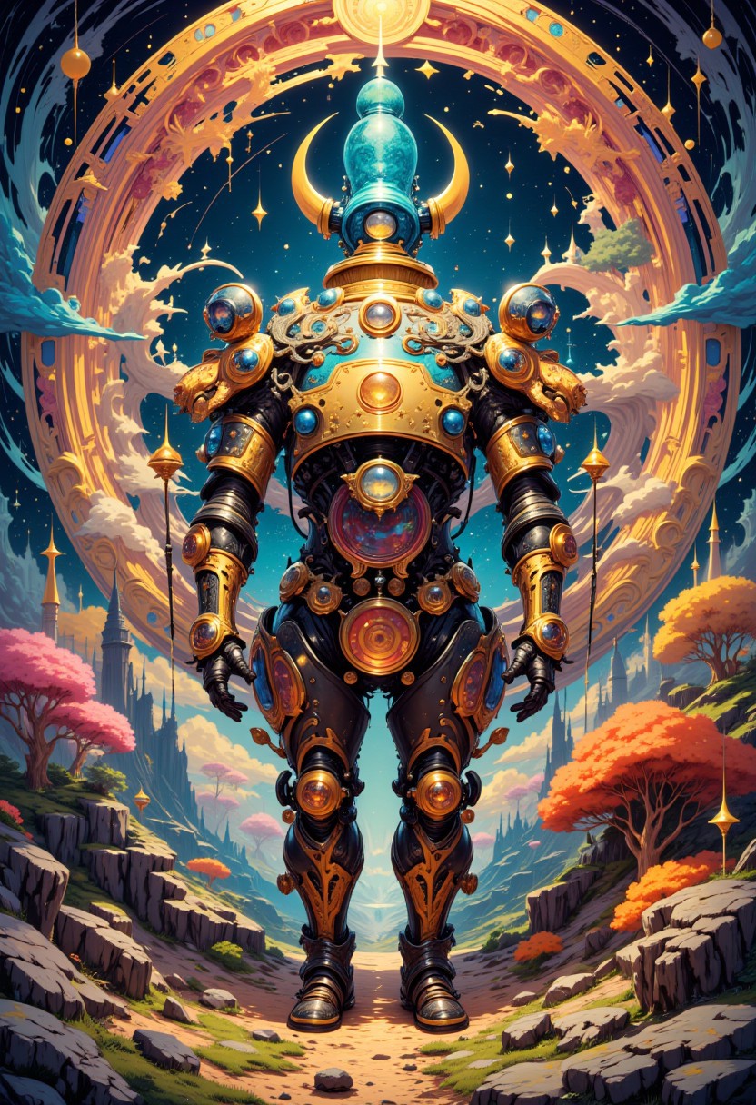 dreamwave, best quality, professional photography of an  fantastical cute Robot with whimsical elements, cute and funny, magical fairytale landscape, elaborate fantasy style art, very colorful, intricate details, ultra sharp, exquisite detail, flawless composition, vivid colors, masterpiece, exciting background