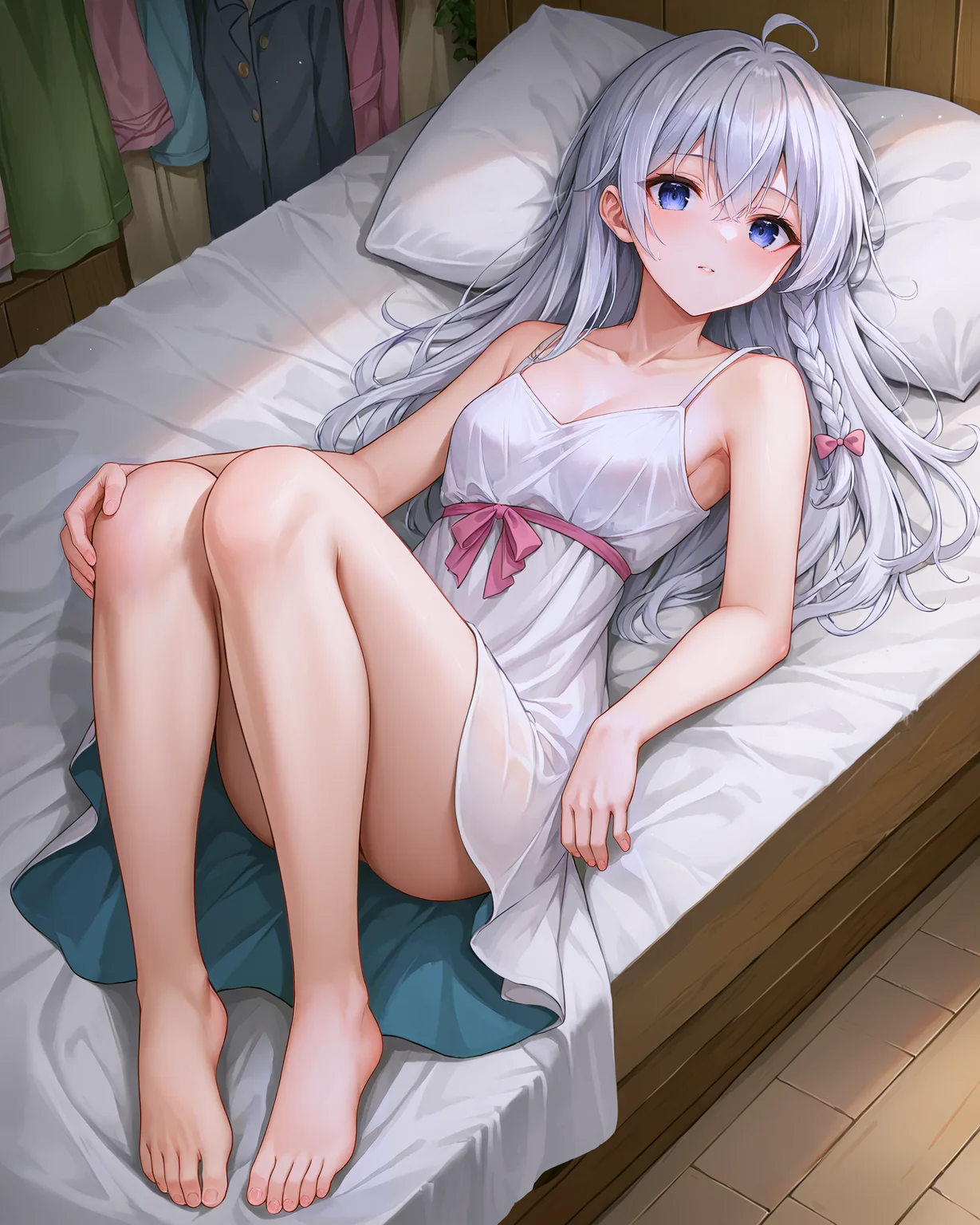 <lora:Majo_Elaina_XL:0.8> elaina, blue eyes, white hair, hair between eyes, long hair, bangs, ahoge, braid, single braid, hair bow, pink bow, jewelry, ribbon, collarbone, sleeveless, bare shoulders, cleavage, spaghetti strap, sleepwear, white sleepwear, dress, white dress, short dress, sleeveless dress, pink ribbon, lying, on back, bare legs, barefoot, feet,, <lora:9_Detail_Tweaker_XL:0.8>, score_9, score_8_up, score_7_up, source_anime, masterpiece, best quality, highly detailed background, cinematic lighting, detailed eyes, perfect face,, lazy, teenager room, messy, bedroom, bed sheet, closet,