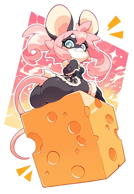 perfect eyes, S4bit4mago_illu, anime style, s0wasow4rt_illu, masterpiece, best quality, high quality, newest, highres, absurdres, score_9, score_8_up, score_7_up, Nameless_Style, mouse girl, furry, black fur, tail, _Style, furry, Cartoon_Type, curvy, tiny breasts:1.5, fluffy1.3, venus body, matching patterned top, pink hair, fluffy coat, dynamic angle, pastel colors, back turned, long sleeves, thick thighs, thighboots, dynamic pose, perky breasts, from behind, looking over shoulder, looking down,  sitting, flirty glance, (butt), close up of butt, surprised, alluring smile, (focus on butt:1), wide hips, round butt, furry legs, countershade fur, legs apart, (butt squish), (close up:1),, stylish, pose, extremely detailed, high quality, cute background, (full body dress), abstract background, printed dress, tight dress, black clothes, skirt, masterpiece, amazing quality, intricate details,, flowing hair, thin white outline, fourth wall, against fourth wall, (through medium(cheese), through giant block of cheese, going through cheese, body through cheese,
