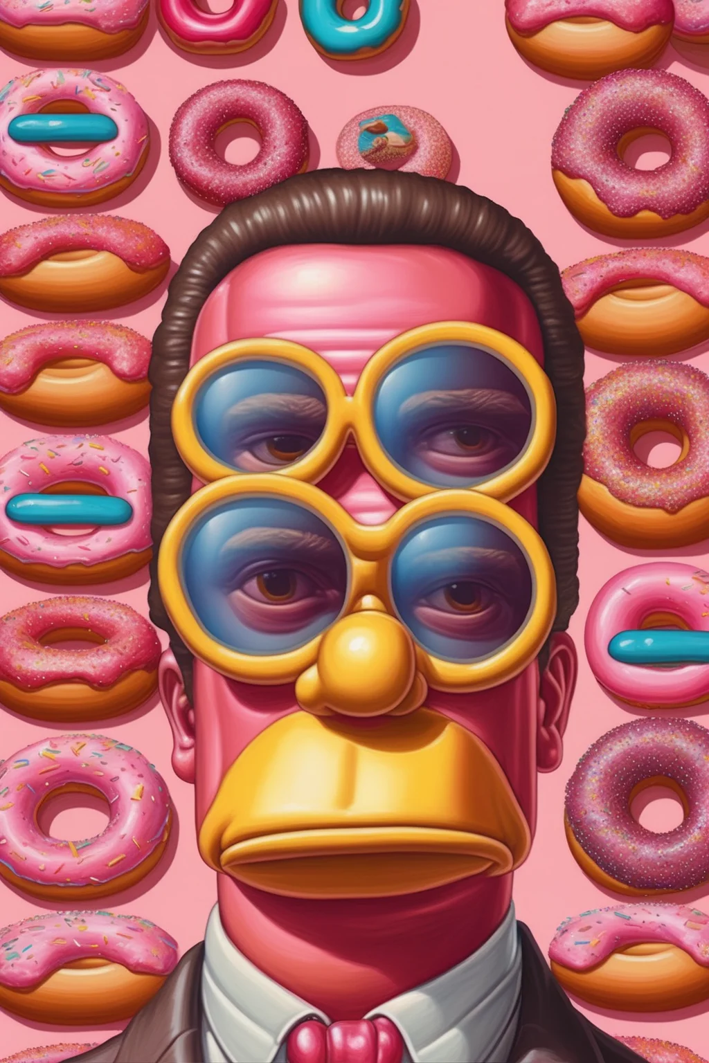 <lora:Alex Gross Style:1>Alex Gross Style - add homer simpson donut inspired sunglasses that have a donut hole to the subjects face in the portrait