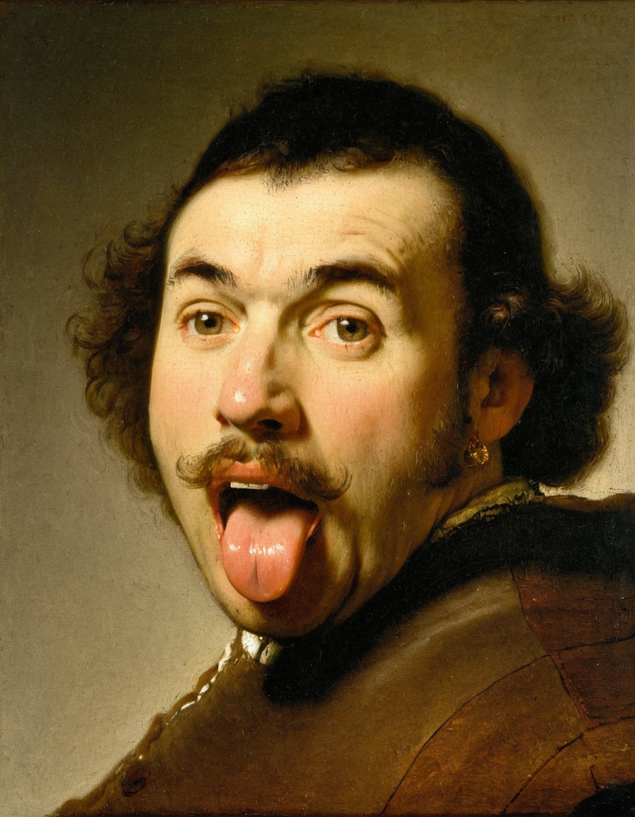 <lora:RembrandtXL_v1:1> RembrandtXL, a man sticking his tongue out