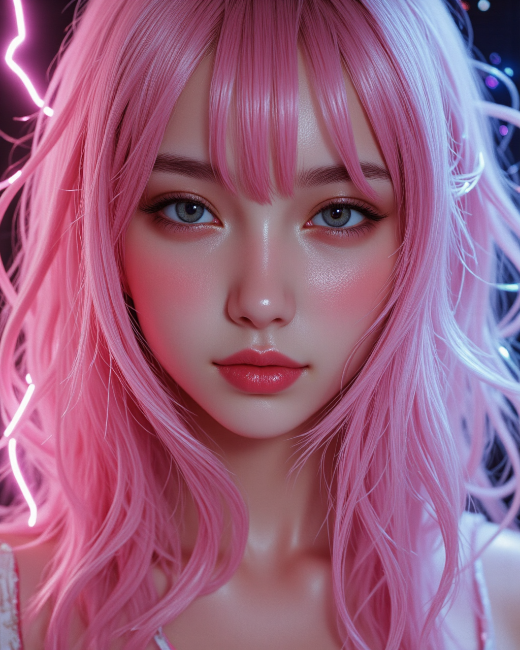 (best quality, extremely best quality, masterpiece:1.5), (realistic, intricate details:1.2), (photorealistic:1.4), (extremely intricate:1.2), highres, ultra highres, ultra-detailed, absurdres, incredibly absurdres, extremely detailed, high quality, high resolution, hyperrealistic, ultra-realistic, hyper-detailed, top quality, best, fine detail, massive detail, Highly detailed, extreme detailed, highest detailed, high-res, absolutely resolution, reflection, (refraction:1.4), solo, looking at viewer, flat bangs, (young cute beautiful 18-year-old woman supermodel:1.1), 3d face, beautiful woman, pretty, girlface, kpop idol, supermodel, perfect body, small pink breasts with pink nipples, slim waist, slim legs, (high detailed skin:1.2), glowing eyes, goddess, natural skin texture, shiny skin, White skin, cute delicate face, slender figure, (Pink hair, pink theme, pink livery, pink eyes:1.3), very long hair, (A human who emits an aura from his body:1.4), (Pink energy light emanates from the body:1.4), (fullbody:1.3), (fly:1.3), (lightning discharge lightning effects:1.2), (electrocution:1.3), (Luminescent Particles:1.4), (Electric sparks, sparks, flying bullets,Dodge bullets,building hit by missile, Futuristic technology drone hit by laser weapon:1.3), adventurous look, starry sky, colorful refraction, Wormhole world, futuristic cityscape, cyberpunk, machine, extremely metal textured, neon lights, (night:1.4), wind, Rembrandt lighting, space warp, fog, pixel art, game art, key visual, surreal, PBR Texturing, Anisotropic Filtering, Maximum Clarity And Sharpness, Albedo And Specular Maps, Multi-Layered Textures, Surface Shading, Sub-Pixel Convolution, Sub-Pixel Convolution, Accurate Simulation Of Light-Material Interaction)))), blurry foreground, broad light, volumetric light effect, matte painting, perfectly defined features, volumetric lighting, Tone Mapping, Lumen Reflections, Global illumination, Ray Tracing, Screen Space Global Illumination, Accent Lighting, 32k, Natural Lighting, volumetric, cinematic masterpiece, Rule of thirds, high dynamic range, Multi-exposure HDR capture, cinematic render, game cg cinematic, atmospheric perspective, movie scene, epic dynamic frame, motion blur, ((cinematic look, Film look)), rim light, 4k textures, adobe lightroom, photolab, insane details, hyperdetailed, exposure blend, professional color grading, professional color correction, aerial perspective, particles and dust in beams of light, cinematic scene, dynamic lighting, sharp details, lomography, soft focus, light leaks, bold hues, atmospheric depth, (explosive light and shadow:1.2), aesthetics, intricate designs, ultra realistic digital art, (zentangle, mandala, tangle, entangle), (fractal art), <lora:midjourney_whisper_innocent_eyes_v01:0.5> <lora:TEST_1:0.6>
