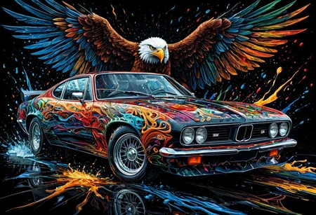 Finely detailed vector illustration, classical sports car, american eagle, symbiosis, ultra realistic quality, interwoven pattern, black background, hyperdetailed, intricately detailed, triadic colors,fantastical,intricate detail,splash screen,complementary colors, fantasy concept art, 8k resolution, masterpiece, oil painting, thick strokes, rich strokes, running drops,