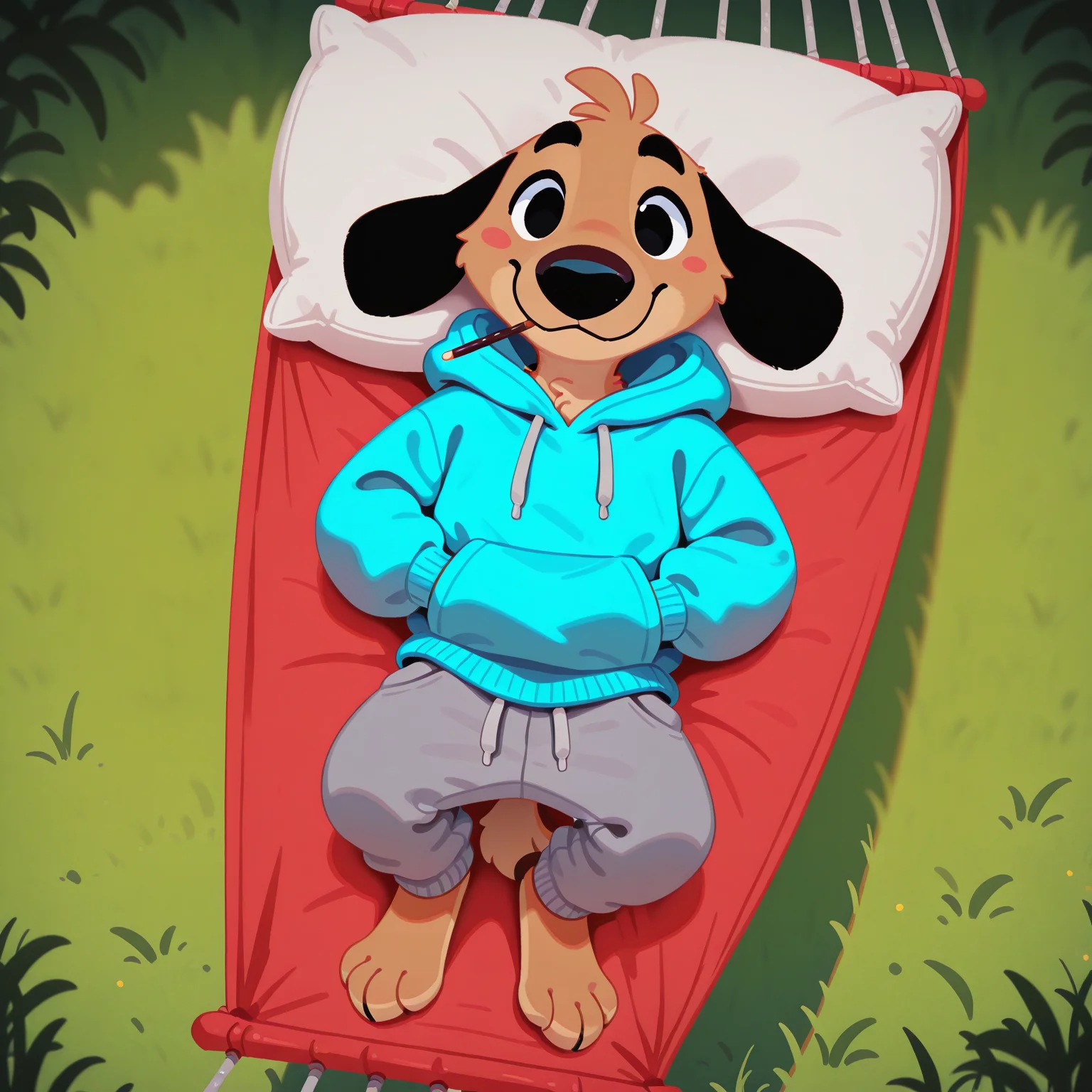 masterpiece, best quality, amazing quality, very aesthetic, absurdres, newest, cute, pikaole, solo, male, anthro, furry, dog, black ears, floppy ears, black eyes, brown fur, blue hoodie, hood down, gray sweatpants, lying in hammock, head on pillow, hands in pockets,  pocky in mouth, happy, full body, from above, grass, (depth of field), (4 fingers), <lora:Striker_-_1994_FIFA_World_Cup_Mascot_Illustrious:1.2> <lora:pikaole:1>