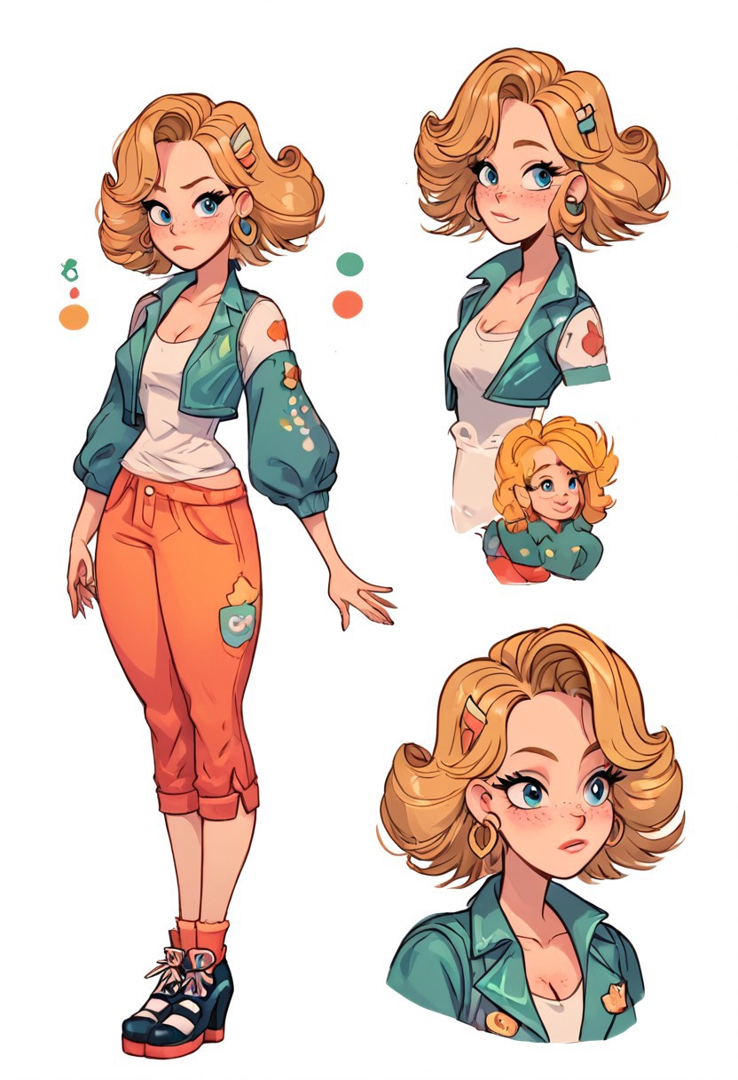 (score_9, score_8_up:1.1), score_7_up, too cute to be true, (30 years old:1.3), reference sheet, (full body, from side, front:1.1), upper body, cartoon,, cleavage, baggy clothes, armpit, cheek dimples, very pale skin, freckles, short blond hair,Kitty Cartwright