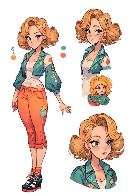 (score_9, score_8_up:1.1), score_7_up, too cute to be true, (30 years old:1.3), reference sheet, (full body, from side, front:1.1), upper body, cartoon,, cleavage, baggy clothes, armpit, cheek dimples, very pale skin, freckles, short blond hair,Kitty Cartwright