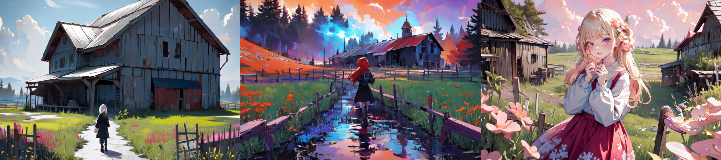 (otherworldly), highly insanely detailed, masterpiece, top quality, best quality, highres, 4k, 8k, RAW photo, (very aesthetic, beautiful and aesthetic), farm, fields, barn, fence, fantfa, <lora:FantasyFarm-10:0.6>, 
1girl, 
(__lazy-wildcards/char/haircolor__), 
(__lazy-wildcards/dataset/background-color__),âââ