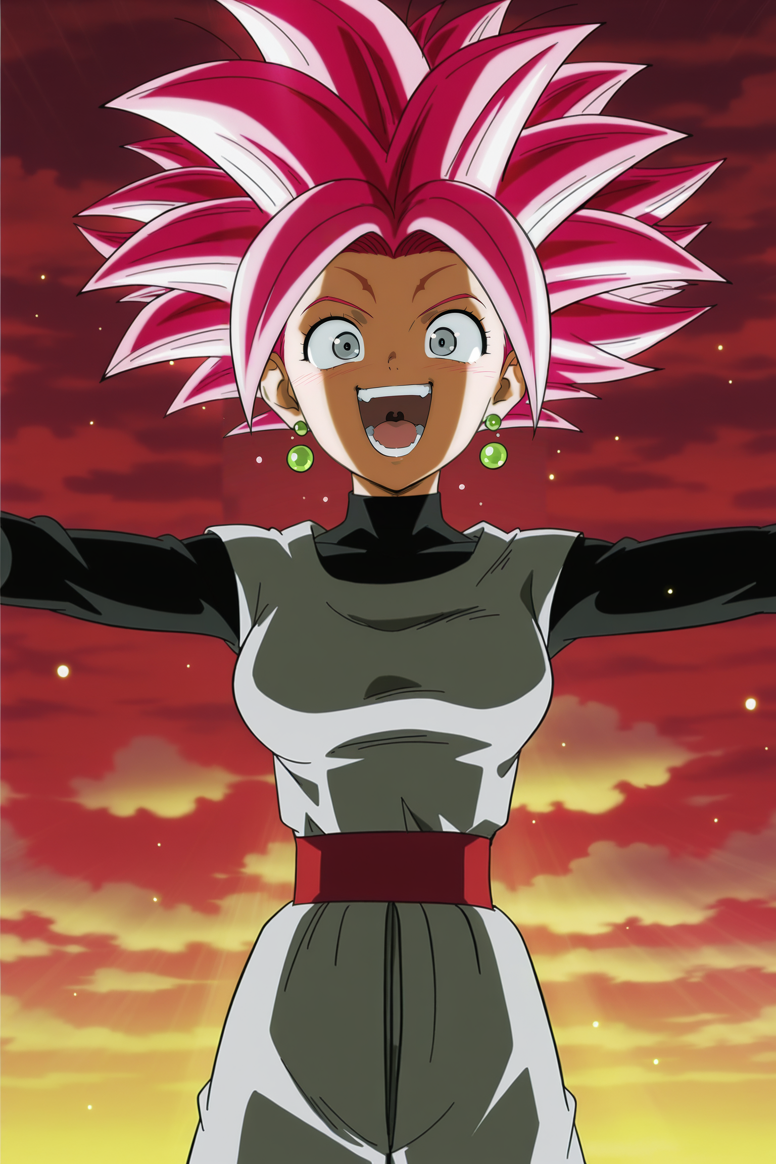 anime screencap, masterpiece, best quality, amazing quality, very aesthetic, absurdres,  newest, (scenery, volumetric lighting), dappled sunlight, light particles, light rays, official style,
1girl, solo, 
kefla \(dragon ball\), super saiyan rose, spiked hair, big hair, pink hair, grey eyes, no pupils
goku black outfit, long sleeves, dougi, grey topwear, black undershirt, potara earrings, turtleneck, red sash
cloudy sky, evil smile, cowboy shot, outstretched arms, looking at viewer, laughing,  crazy eyes, 
<lora:Universe_6_Saiyans_IL:0.8>
