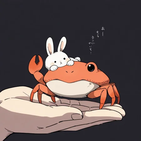 (masterpiece, best quality, high quality, highres), very awa, highres, absurdres,
chii-kun \(seedyoulater\), (naguru \(cyoroama\):0.8), 
(no humans:1.1), cute, full body, tiny white bunny standing on a back of giant red crab, 
simple black background,