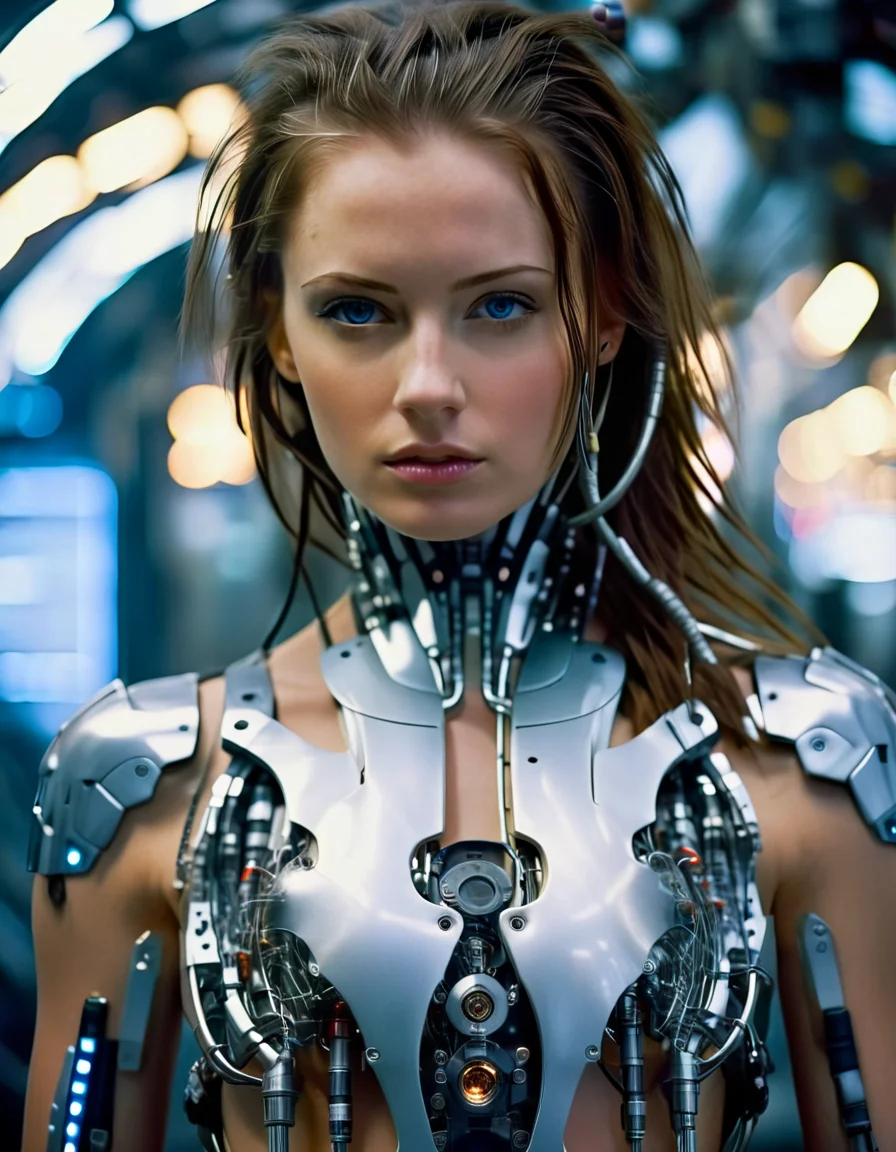 cinematic photo 1girl, cyberpunk, science fiction, cyborg, looking at viewer, realistic, medium breasts, blue eyes, brown hair, lips, long hair, blurry background, cable, mechanical parts, upper body, android, armor, very detailed, dramatic light, sharp focus, cool, full color, cinematic, candid, artistic, extremely inspirational, beautiful, inspiring, thought
<lora:CyborgsXL:1>, , <lora:FILM_PHOTOGRAPHY_STYLE:0.25> . 35mm photograph, film, bokeh, professional, 4k, highly detailed