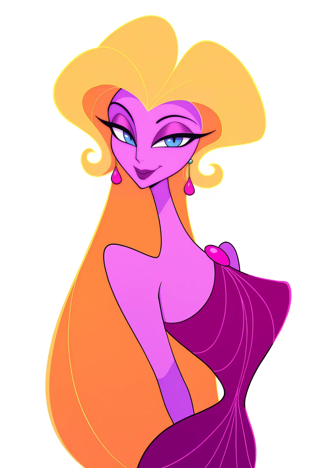 masterpiece, best quality, very aesthetic, absurdres,
1girl, aphrodite, blonde hair, long hair, blue eyes, purple skin, colored skin, earrings, lipstick, makeup,
purple dress,
arms behind back, upper body, smile, looking at viewer, solo, simple background, white background <lora:AphroditeNoobXL_byKonan:1>