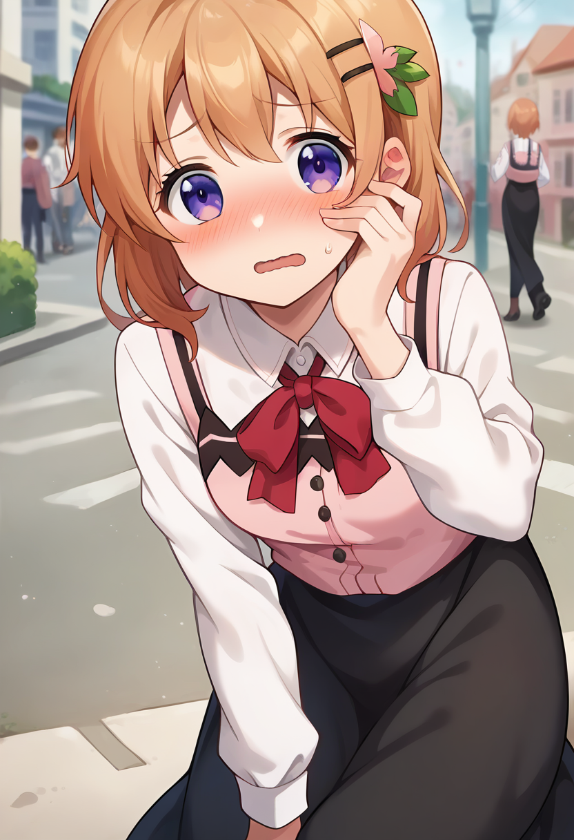 score_9, score_8_up, score_7_up, source_anime, masterpiece, 1girl, ctiank0k0a, dress shirt, long sleeves, pink vest, black skirt, long skirt, red ribbon, looking at viewer, outdoors, city, depth of field, hand on own face, embarrassed, blush, wavy mouth, close-up, <lora:Hoto_Kokoa_pony_ct:0.9>,