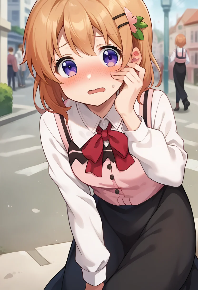 score_9, score_8_up, score_7_up, source_anime, masterpiece, 1girl, ctiank0k0a, dress shirt, long sleeves, pink vest, black skirt, long skirt, red ribbon, looking at viewer, outdoors, city, depth of field, hand on own face, embarrassed, blush, wavy mouth, close-up, <lora:Hoto_Kokoa_pony_ct:0.9>,
