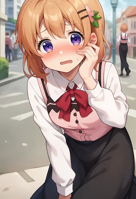 score_9, score_8_up, score_7_up, source_anime, masterpiece, 1girl, ctiank0k0a, dress shirt, long sleeves, pink vest, black skirt, long skirt, red ribbon, looking at viewer, outdoors, city, depth of field, hand on own face, embarrassed, blush, wavy mouth, close-up, <lora:Hoto_Kokoa_pony_ct:0.9>,