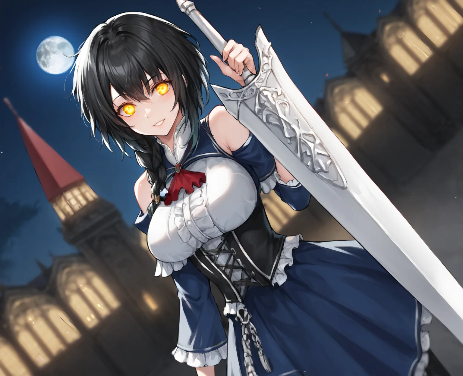 score_9,score_8_up,score_7_up,source_anime,rating_safe BREAK masterpiece,highres,best quality,high quality,dramatic angle,cinematic lighting,1girl,<lora:NightOfRevenge_pony_V1-000020:0.86>,black hair,gradient hair,gradient hair,yellow eyes,two-tone hair,braids,white shirt,underbust,blue dress,clothing cutout,bare shoulders,detached sleeves,frills,garter strap,white thighhighs,thigh boots,holding sword,looking at viewer,dynamic pose,red full moon,depth of field,gothic architecture,cityscape,dark clouds,extremely detailed bckground,greatsword,dead bodies,yandere,glowing eyes,shaded face,blood on face,blood on everywhere,corpses,pile of corpses,evil smile,happy,portrait,close-up,dutch angle,fluiding blood,streaming blood,<lora:add-detail-xl:0.43>,<lora:flat_sdxl:-0.68>,(blood:1.2),blood on clothes