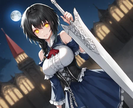score_9,score_8_up,score_7_up,source_anime,rating_safe BREAK masterpiece,highres,best quality,high quality,dramatic angle,cinematic lighting,1girl,<lora:NightOfRevenge_pony_V1-000020:0.86>,black hair,gradient hair,gradient hair,yellow eyes,two-tone hair,braids,white shirt,underbust,blue dress,clothing cutout,bare shoulders,detached sleeves,frills,garter strap,white thighhighs,thigh boots,holding sword,looking at viewer,dynamic pose,red full moon,depth of field,gothic architecture,cityscape,dark clouds,extremely detailed bckground,greatsword,dead bodies,yandere,glowing eyes,shaded face,blood on face,blood on everywhere,corpses,pile of corpses,evil smile,happy,portrait,close-up,dutch angle,fluiding blood,streaming blood,<lora:add-detail-xl:0.43>,<lora:flat_sdxl:-0.68>,(blood:1.2),blood on clothes