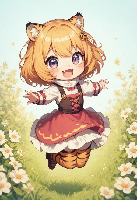 score_9, score_8_up, score_7_up, best quality, fine detail, cute, tiger girl, chibi, jumping, :3, meadow full of flowers, grass
