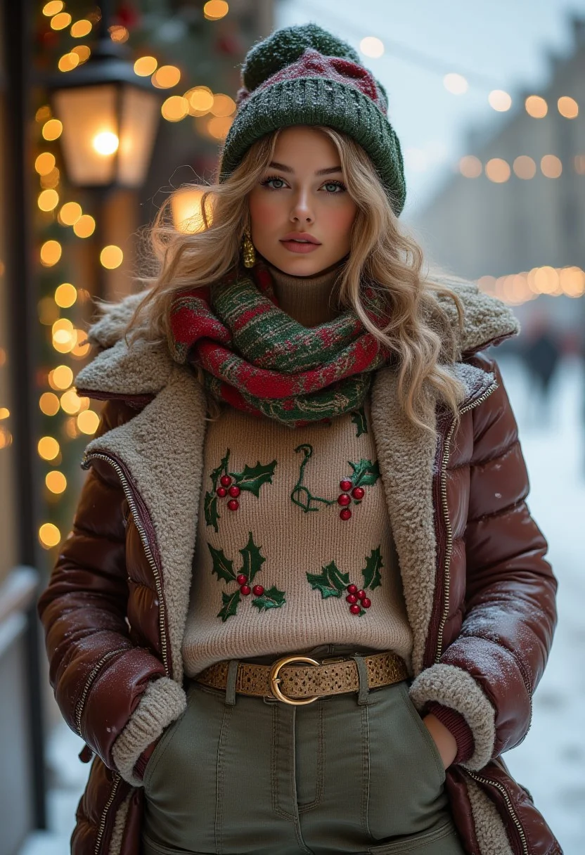 A beautiful christmas snow men with Christmas heat is wearing a stylish puffy winter jacket paired and a turtleneck sweater adorned with embroidered holly leaves and berries. The look is accessorized with a frilly scarf, a gold-accented belt, and metallic boots for a festive yet urban vibe. She poses out doors during a snowstorm. falling snow, christmas lights, rosy cheeks. pretty eyes