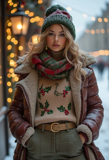 A beautiful christmas snow men with Christmas heat is wearing a stylish puffy winter jacket paired and a turtleneck sweater adorned with embroidered holly leaves and berries. The look is accessorized with a frilly scarf, a gold-accented belt, and metallic boots for a festive yet urban vibe. She poses out doors during a snowstorm. falling snow, christmas lights, rosy cheeks. pretty eyes