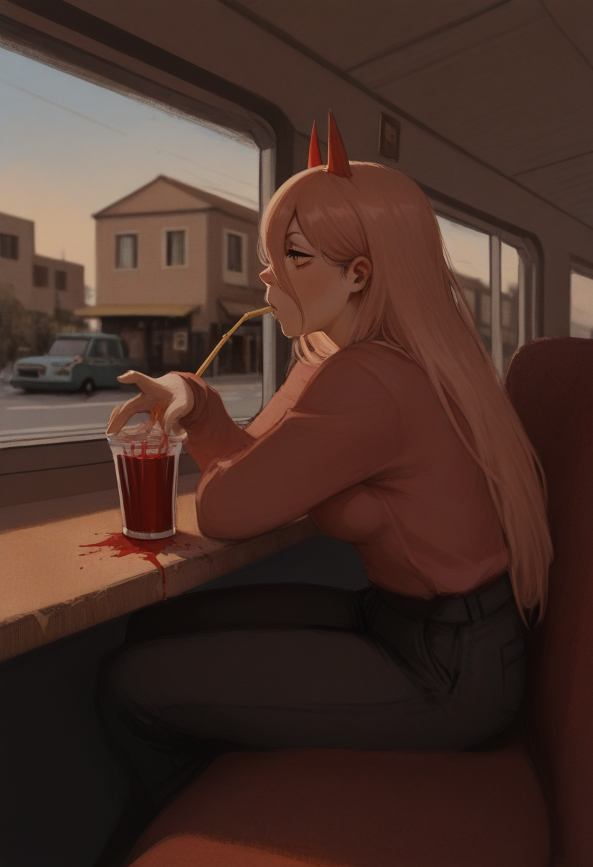 qu45681style, painterly, masterpiece  best quality,  solo, power \(chainsaw man\),  red horns, drinking blood smoothie, straw, street, seated in diner, warm colors, window,