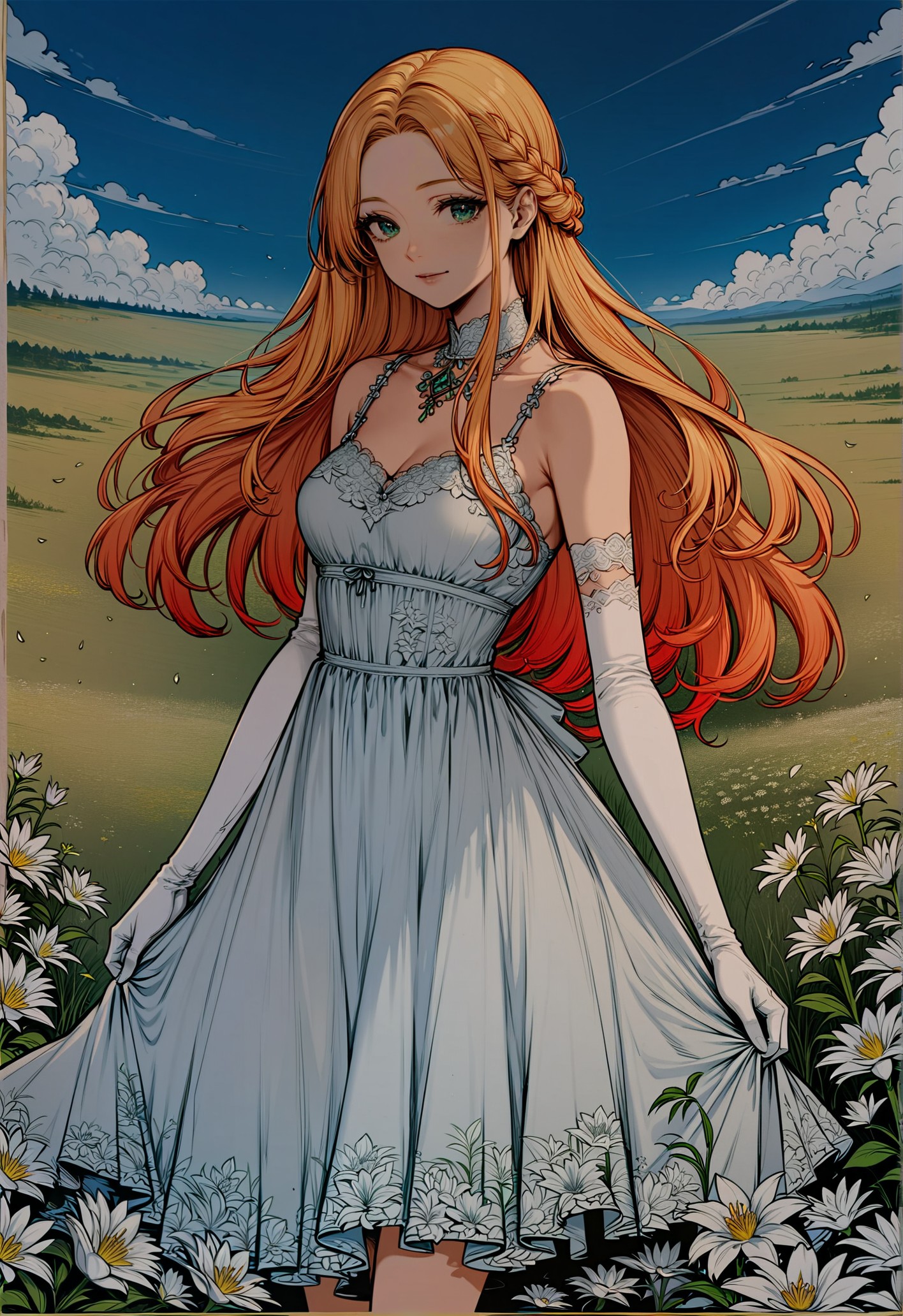 score_9, score_8_up, score_7_up, rating_safe, lineart, flat color,  1girl, solo, long hair, yellow hair, looking at viewer, breasts, dress, floral dress, floral theme, elbow gloves, white gloves, cowboy shot, standing, outdoors, field, flower, roses, lilies, grass, plant, sky, romantic, green eyes  <lora:LineArt Mono Style LoRA_Pony XL v6:0.8> <lora:sdxl\Pony_DetailV1.0>