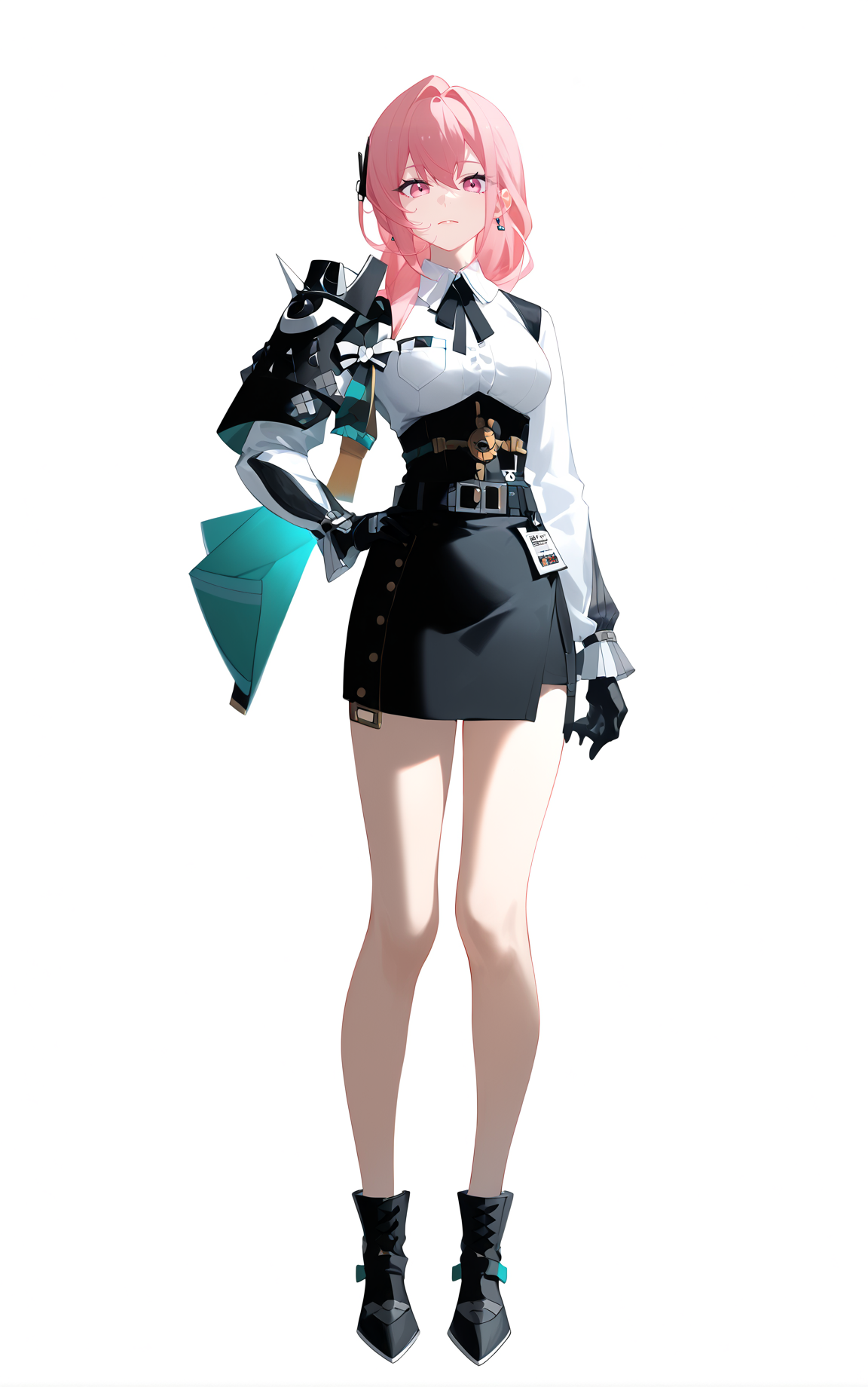 score_9, score_8_up, score_7_up, score_anime, 8k, best quality, masterpiece, (ultra-detailed), (high detailed skin), (by nanoless, by misumi \(macaroni\),:0.5), <lora:YLI 0.1v:0.5>, <lora:style1:0.5>, 
A full-body portrait of a young girl, standing gracefully, pastel art style, high-key lighting, shoujo manga influence, hd quality, delicate details, 
full body, full shot, standing, looking at viewer, (solo:1.2), simple background, white background, hand on own hip, 
<lora:Yanagi-pony-Tanger-000018:0.8>, Yanagi, Yanagi-def clothes, Black right shoulder armor, 1girl, pink hair, gloves, black gloves, black skirt, pink eyes, long hair, breasts, shirt, black footwear, belt, boots, white shirt,