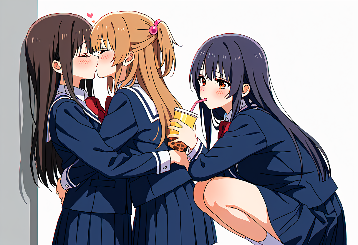 masterpiece, best quality, absurdres, otp_and_the_third_wheel_best_friend_(meme), blush, 3girls, school uniform, closed eyes, yuri, hug, kiss, holding cup, drinking straw, drink, standing, squatting, 
 <lora:otp_and_the_third_wheel_best_friend_meme-10:1>