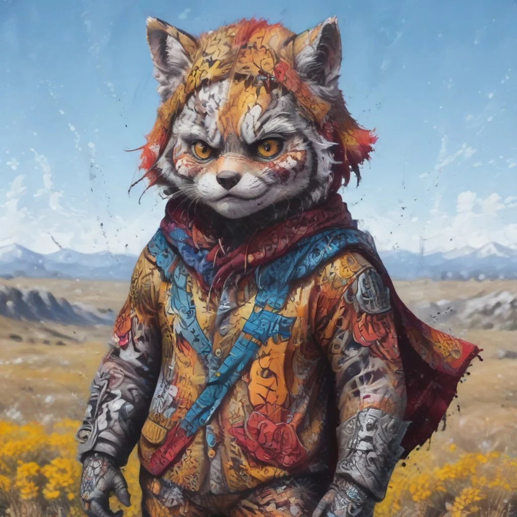 blonde hair, crack, sly expression, fox from league of legends chibi, tiger, red scarf, cloak with hood, concept art, gloves, colored sclera, teeth, orange fur, barefoot, blue sky, abs