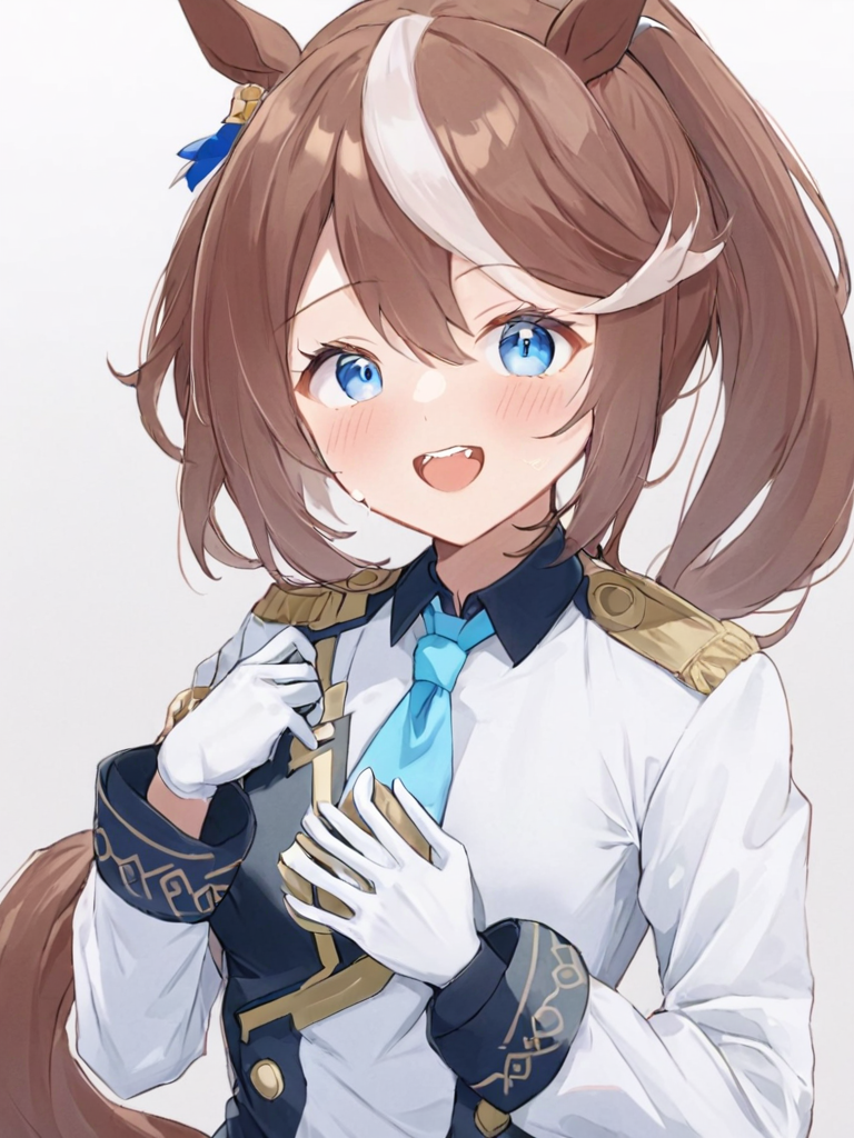 <lora:ä¸æµ·å¸ç:1>,1girl, animal_ears, horse_ears, solo, tail, streaked_hair, gloves, tokai_teio_\(umamusume\), brown_hair, white_gloves, horse_girl, multicolored_hair, horse_tail, blue_eyes, hand_on_own_chest, pants, white_hair, white_background, long_hair, open_mouth, long_sleeves, shirt, smile, white_shirt, looking_at_viewer, two-tone_hair, simple_background, upper_teeth_only, bangs, blush, hair_between_eyes, cowboy_shot, formal, coat, teeth, necktie, black_pants, alternate_costume, flower, gradient_background