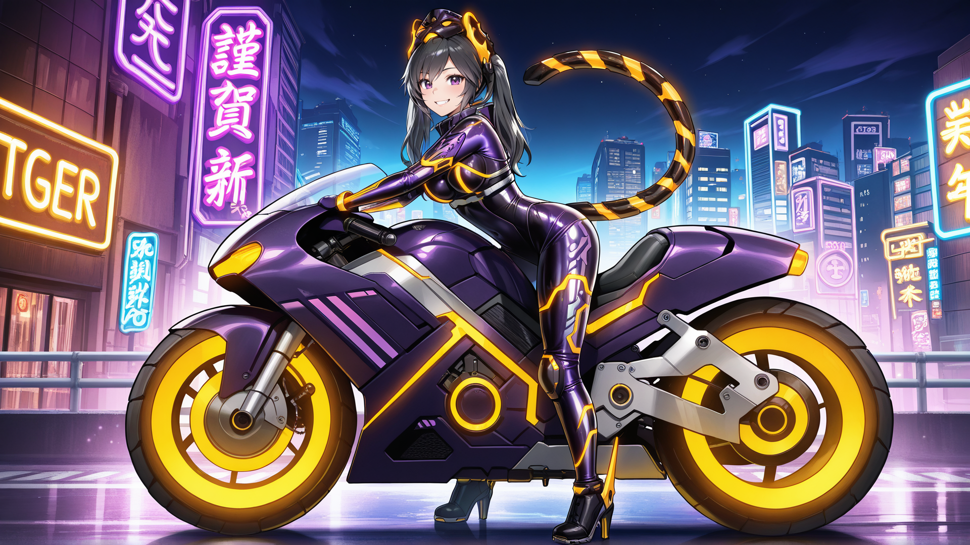 (high quality:1.1), detailed face, i:p_masquerena, alternate_outfit, 1girl, solo, long hair, looking at viewer, smile, black hair, twintails, gloves, animal ears, medium breasts, purple eyes, mechanical tail, full body, grey hair, grin, multicolored bodysuit, night, ground vehicle, skin tight, shiny clothes, city, purple bodysuit, tiger ears, tiger tail, purple motorcycle, city lights, year of the tiger, neon lights, on motorcycle, highway, neon trim, purple elbow gloves, two-tone headgear, black high heels, knee pads, tiger headgear <lora:ip_masquerena_final-05:1>