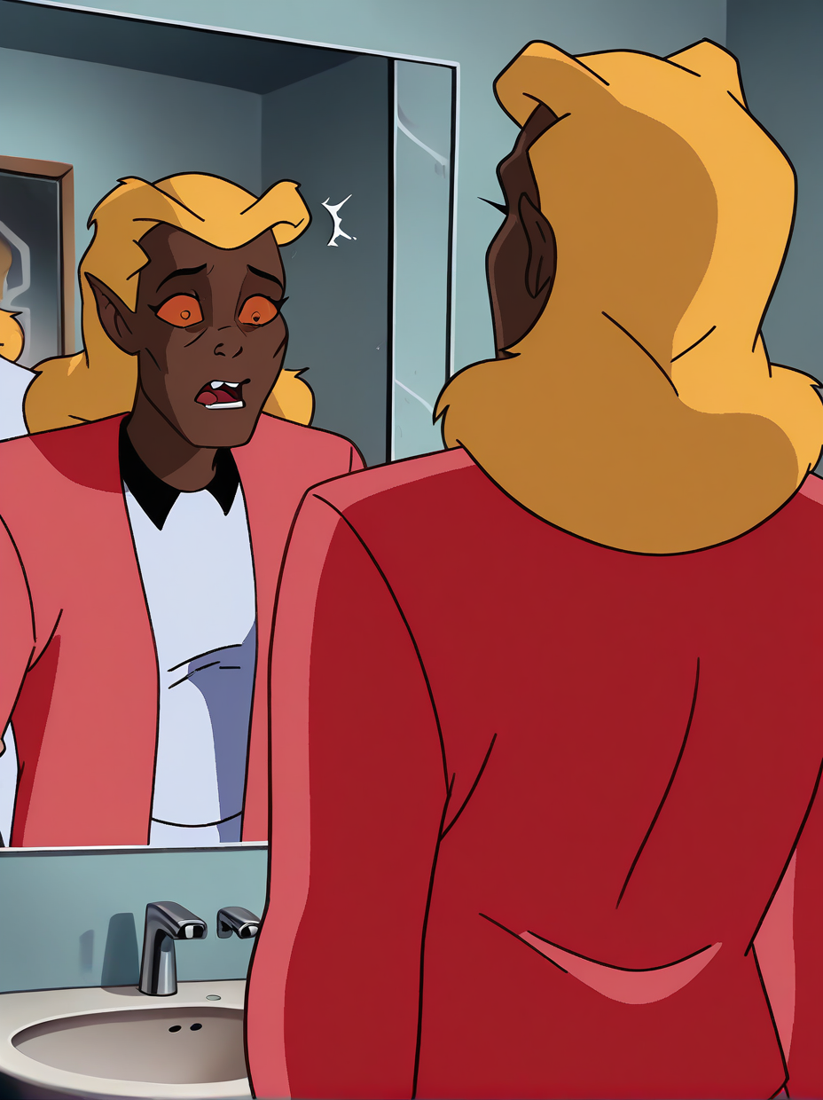 <lora:She-Bat_-_Batman_Animated_Illustrious_v2:1.0>, <lora:dcau234-illu3_r1:0.4>, <lora:takeda_hiromitsu_style_illustrious_goofy:0.4>, htbtas, looking in mirror, reflection, orange sclera, blonde hair, arms at sides, standing, pink jacket, white shirt, bathroom, upper body, closeup, shocked expression