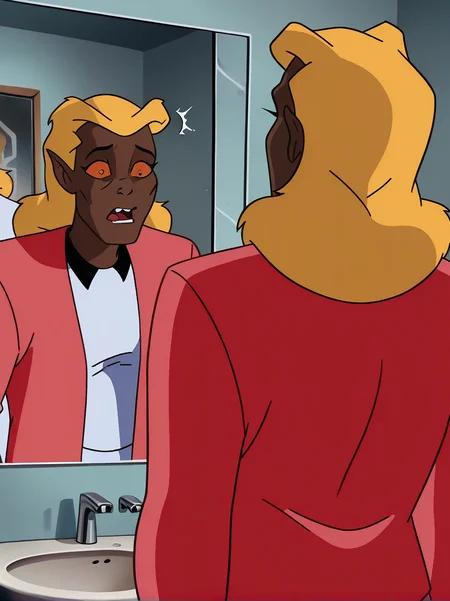 <lora:She-Bat_-_Batman_Animated_Illustrious_v2:1.0>, <lora:dcau234-illu3_r1:0.4>, <lora:takeda_hiromitsu_style_illustrious_goofy:0.4>, htbtas, looking in mirror, reflection, orange sclera, blonde hair, arms at sides, standing, pink jacket, white shirt, bathroom, upper body, closeup, shocked expression