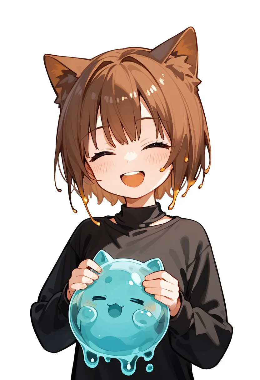 PonyScores7, source_anime, hi res, masterpiece, best quality, highres, sss, translucent, subsurface scattering,
slime girl, monster girl, slime_girl, 1girl,closed eyes,smile,holding animal,open mouth,blush,holding,solo,cat,white background,brown hair,upper body,animal,bangs,short hair,teeth,hair intakes,facing viewer,long sleeves,holding cat,upper teeth only,:d,simple background,black shirt,shirt,^_^,happy,
