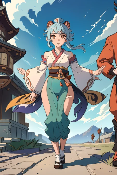 ((master piece)),best quality, (best quality, masterpiece1.2), (detailed eye:1.2), intricate detail, depth of field,  beautiful detailed sky, 1girl, ganyu \(genshin impact\), full body,  <lora:zGSGanyuV20Genshin_v10:1>