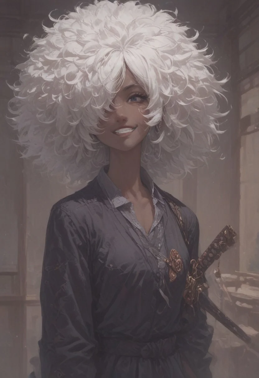 score_9, score_8_up, score_8,
shinobu jacobs, white hair, (big hair, messy hair, afro:1.2), hair over one eye, thick eyelashes, dark skin, 
smile, happy,
school girl, combat, sword,
Dojo,