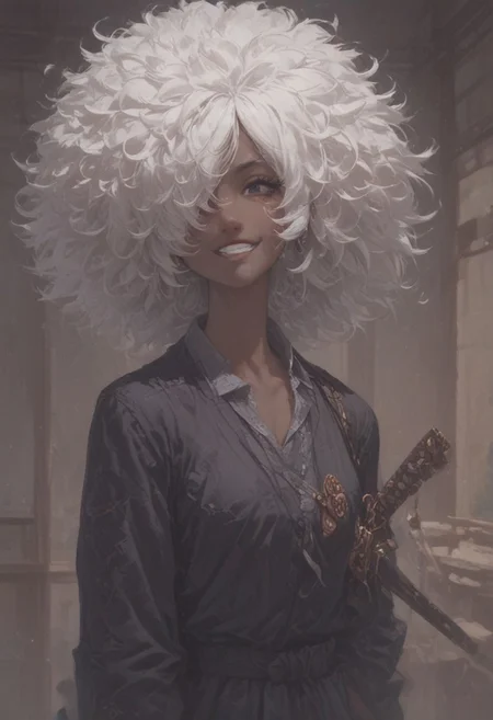 score_9, score_8_up, score_8,
shinobu jacobs, white hair, (big hair, messy hair, afro:1.2), hair over one eye, thick eyelashes, dark skin, 
smile, happy,
school girl, combat, sword,
Dojo,