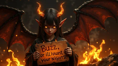 a 1 burning demon, girl face, brutal composition, gloomy, emotionally profound, horror, intense and brooding dark tones, masterpiece, best quality, high quality, highres, absurdres, dramatic lightning, high definition, depth of field, very intricate, unforgettable, digital art style, Holding sign that reads, flamming letter "Buzz, or I'll haunt your nights!", dark inferno style background, creepy ambiance, , realistic view, surreal realism, photorealitc, cinema, dark vignettage, dark moode, flame rain, asteroid rain, gold lake on background