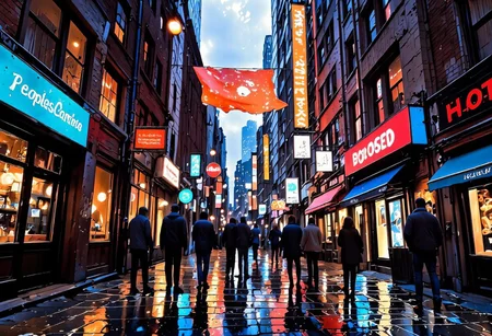 A bustling city street eerily quiet on February 28, 2025. Normally vibrant neon lights of shops and billboards are replaced by dim, flickering 'Closed' signs, while pedestrians are few and far between. In the center of the frame, a diverse group of individuals, young and old, gather around a makeshift podium with a homemade banner that reads "The People's Union USA." John Schwarz, a 57-year-old man with a stoic expression, stands at the podium, holding a megaphone to his mouth, broadcasting his message of economic protest. His worn, blue collared shirt and simple baseball cap reflect his everyman persona. The group behind him holds up hand-painted placards with slogans such as "Economic Fairness Now," "Fight the System," and "United for Change." The atmosphere is tense yet hopeful, with the setting sun casting a dramatic orange glow over the cityscape, symbolizing a new day for the common people. The empty sidewalks are filled with shadows of the past, with a few abandoned shopping carts and fast-food containers serving as stark reminders of the consumer-driven society that has come to a standstill. The occasional flash of a smartphone camera captures the historic moment as people from all walks of life stand together in unity for a common cause, their reflections bouncing off the darkened windows of the closed businesses. The scene encapsulates the power of collective action and the determination to challenge the status quo, illustrating the nationwide protest against corporate greed and economic injustice.
A bustling city street folds and twists like a crumpled sheet of paper, yet the people walking along it seem unfazed. Buildings stretch and curve into impossible shapes, their windows and doors distorted like a funhouse mirror. A cyclist rides along a road that loops in on itself, and a streetlight appears to be melting into a pool of liquid light. The perspective shifts unpredictably, making it hard to tell which way is up or down.