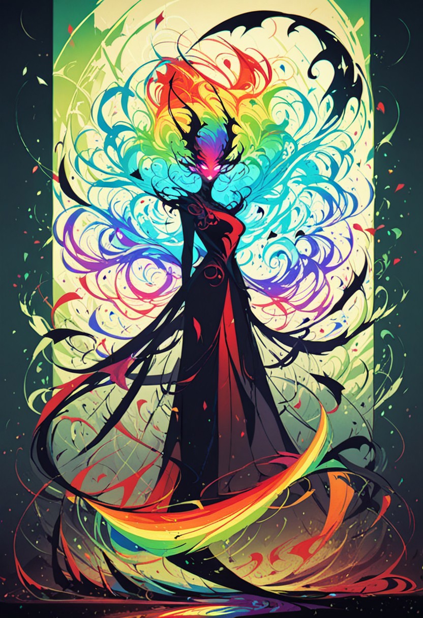 score_9, score_8_up, score_8_up, ((Cinematic composition)),((masterpiece)), (resplendent lighting), absurdres, very fine detail, 8k.
1girl, (full body). abstract, beautiful demoness, glowing pale eyes, demon tail, seductive, rainbow hair, particles, lithe, colorful, abstract background,   <lora:NoctAbstractConcept:1>