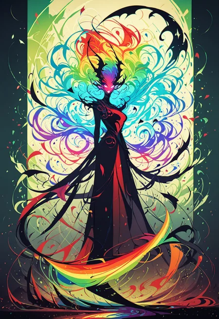 score_9, score_8_up, score_8_up, ((Cinematic composition)),((masterpiece)), (resplendent lighting), absurdres, very fine detail, 8k.
1girl, (full body). abstract, beautiful demoness, glowing pale eyes, demon tail, seductive, rainbow hair, particles, lithe, colorful, abstract background, <lora:NoctAbstractConcept:1>