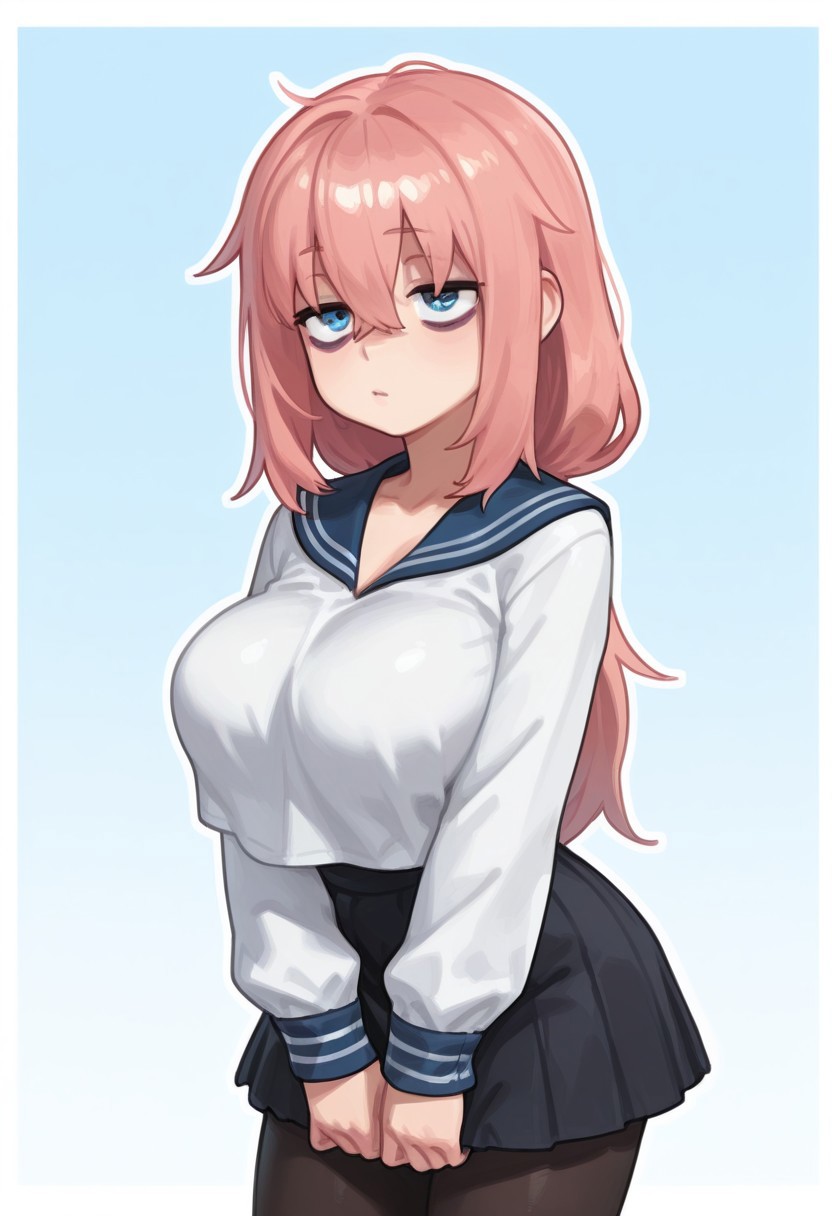 masterpiece, best quality, absurdres, highres, detailed, HD, 4K, possmach, gloss_(hotglossed), outline, eigaka, aruhshura, 
blue_eyes, pink_hair, long_hair, large_breasts, bags_under_eyes, Michinoku_Komaro, 1girl, solo,
blue_eyes, pink_hair, long_hair, large_breasts, bags_under_eyes, school_uniform, blue_sailor_collar, pleated_skirt, black_skirt, black_pantyhose, facing viewer