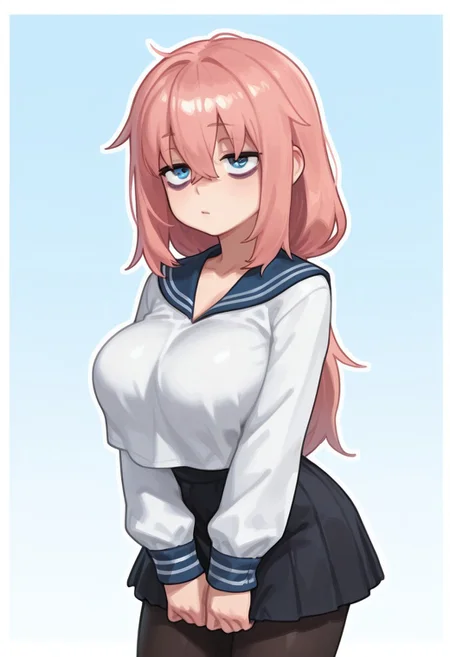 masterpiece, best quality, absurdres, highres, detailed, HD, 4K, possmach, gloss_(hotglossed), outline, eigaka, aruhshura,
blue_eyes, pink_hair, long_hair, large_breasts, bags_under_eyes, Michinoku_Komaro, 1girl, solo,
blue_eyes, pink_hair, long_hair, large_breasts, bags_under_eyes, school_uniform, blue_sailor_collar, pleated_skirt, black_skirt, black_pantyhose, facing viewer