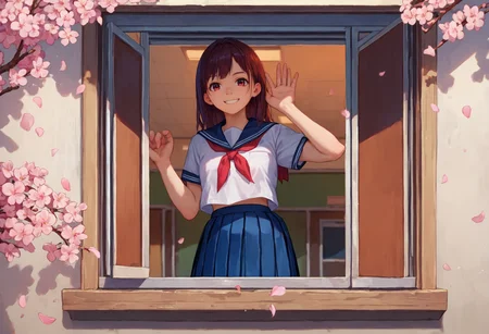 score_9_up score_8_up score_7_up, source_anime, 1girl, smile, from outside window, classroom, looking at viewer, serafuku, school uniform, pleated skirt, cherry blossoms, [against glass::0.1]
<lora:from_outside_window_24re_pony_2_d4:1>