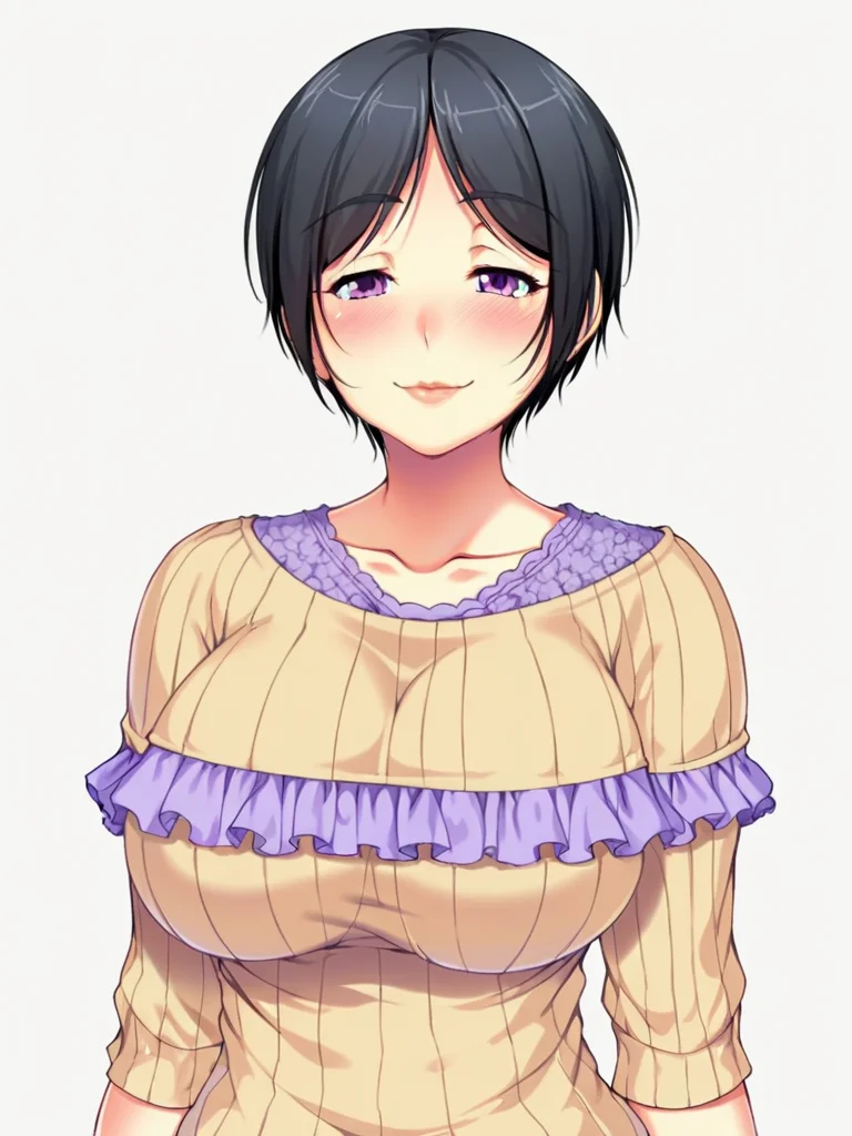 score_9, score_8_up, score_7_up,
1girl, hibino manami, short hair, black hair, purple eyes, large breasts,
beige sweater, purple frill,
looking at viewer, smile, closed mouth, narrowed eyes, blush,
standing, upper body,
white background, solo,