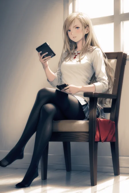 yoshida akihiko,
1girl, black pantyhose, blonde hair, cameo, casual, chair, contemporary, cosplay, cover, cover page, crossed legs, dragon, handheld game console, lips, long hair, miniskirt, no shoes, pantyhose, sitting, skirt, sleeves pushed up, solo, video game, white mage \(cosplay\), window, chocobo, slime \(dragon quest\), white mage, original, final fantasy, dragon quest, square enix,
<lora:yoshida_akihiko_offset:1>