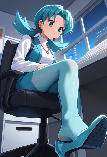 1girl, krispokemon, aqua hair, aqua eyes, low twintails, character age 20,
office,office lady, aqua jacket, aqua skirt, aqua pantyhose, white shirt, necklace, earrings,
sitting, on chair, crossed legs, from below, foot focus, high heels, aqua footwear, high heels shoe dangle, (window), night, night sky, moonlight,
((anime style, source anime)), (vibrant colors), [high saturation], score_9, score_8, score_7, (medium breasts)
