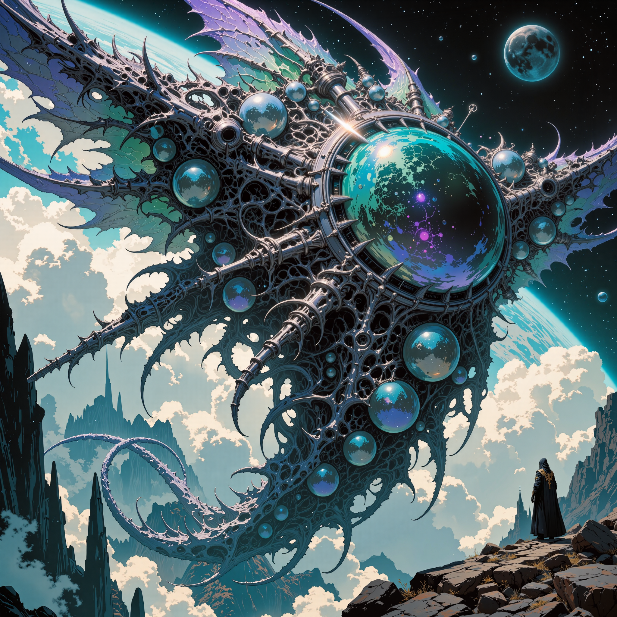 surreal and outlandish scenery on a distant world, famous artwork inspired by android jones and scott m. fisher and todd lockwood, fractal art, dramatic sky, this image shows the airborne "ornate irklobber", an ethereal and fantastical floating creature with enormous iridescent, boondiversed gas bladders, it navigates the clouds in the dense atmosphere of the tempestuous alien planet "furyon ix" with ethereal blibbering grace, creature focus, very aesthetic, extremely detailed, ultra high resolution, 8k, 4k, harmonising colors, eggshell white and deep violet and ebony black and dresden blue and sea green, ovg, amanoer, mi2655, an1mel1nes, <lora:style-yoshitaka_amano-elden_ring-flux-by_alicient:0.28> <lora:style-retro_anime-flux-by_lizardman245:0.28> <lora:style-ethereal_dark-midjourney-flux-by_gedogfx:0.32> <lora:style-mythic_fantasy-anime_lines-flux-by_velvets:0.52>