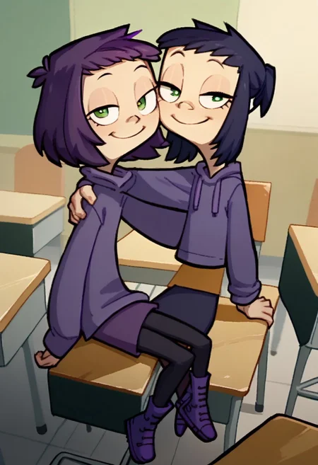 score_9, score_8_up, score_7_up, score_6_up, score_5_up, score_4_up, 2 girls in image, sitting on desks, smiling, looking at viewer, arms around each other, friends, 
BREAK, 
1 girl, square head, green eyes, squinch, round eyes, dark blue hair, dark blue dress sweater, black leggings, small black boots, 
BREAK
1 girl, purple hair, long eyelashes, purple hoodie, purple skirt, purple shoes,